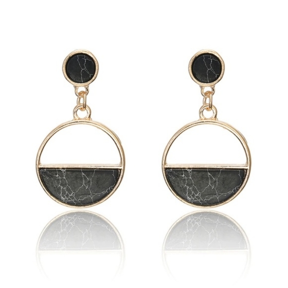 Golden Black Marble Dangle Long Earrings Gold - Picture 2 of 5